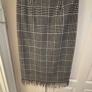 Harold's Black and White Plaid Long Wool Skirt with Fringe